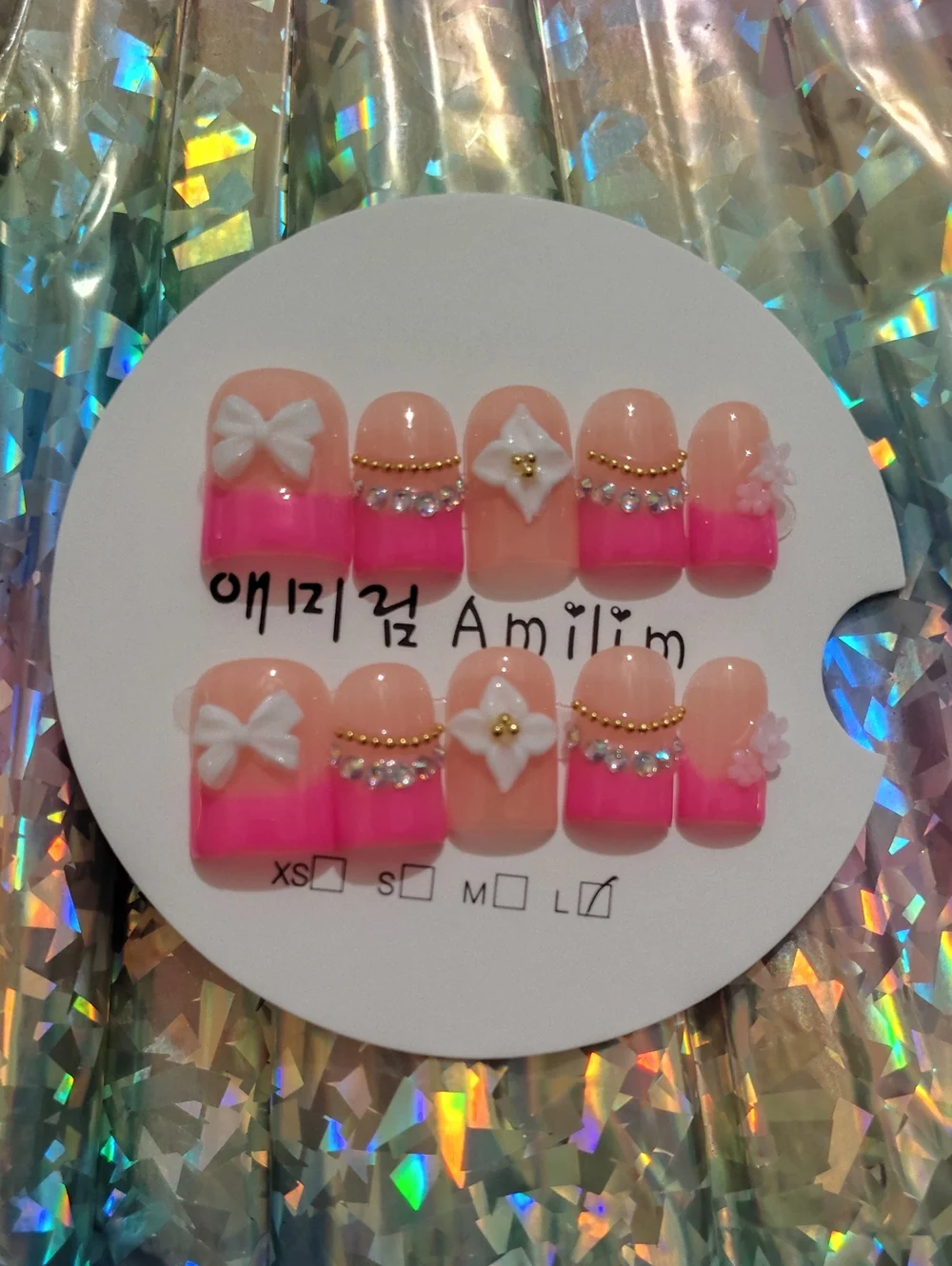 Pink Ombre Bow & Flower Press-On Duck Nails